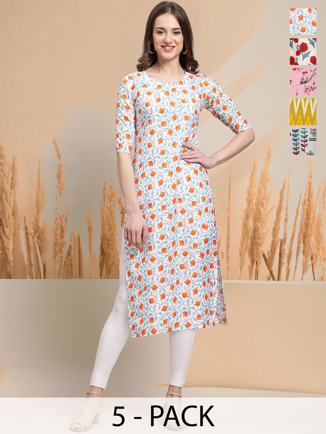 

7Threads Selection Of 5 Floral Printed Round Neck Straight Kurtas, White