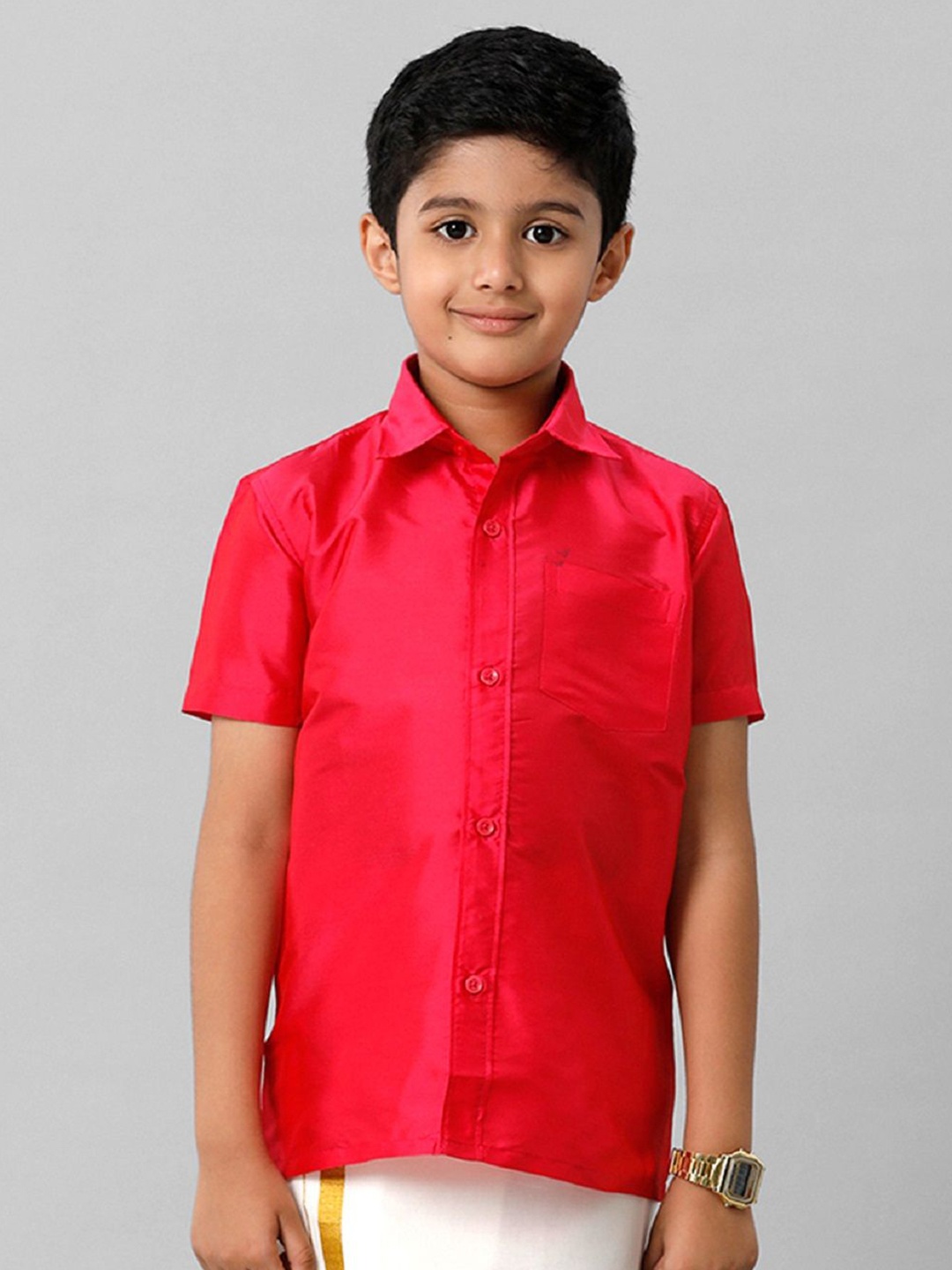 

Ramraj Boys Solid Short Sleeve Shirt With Chest Pocket, Pink