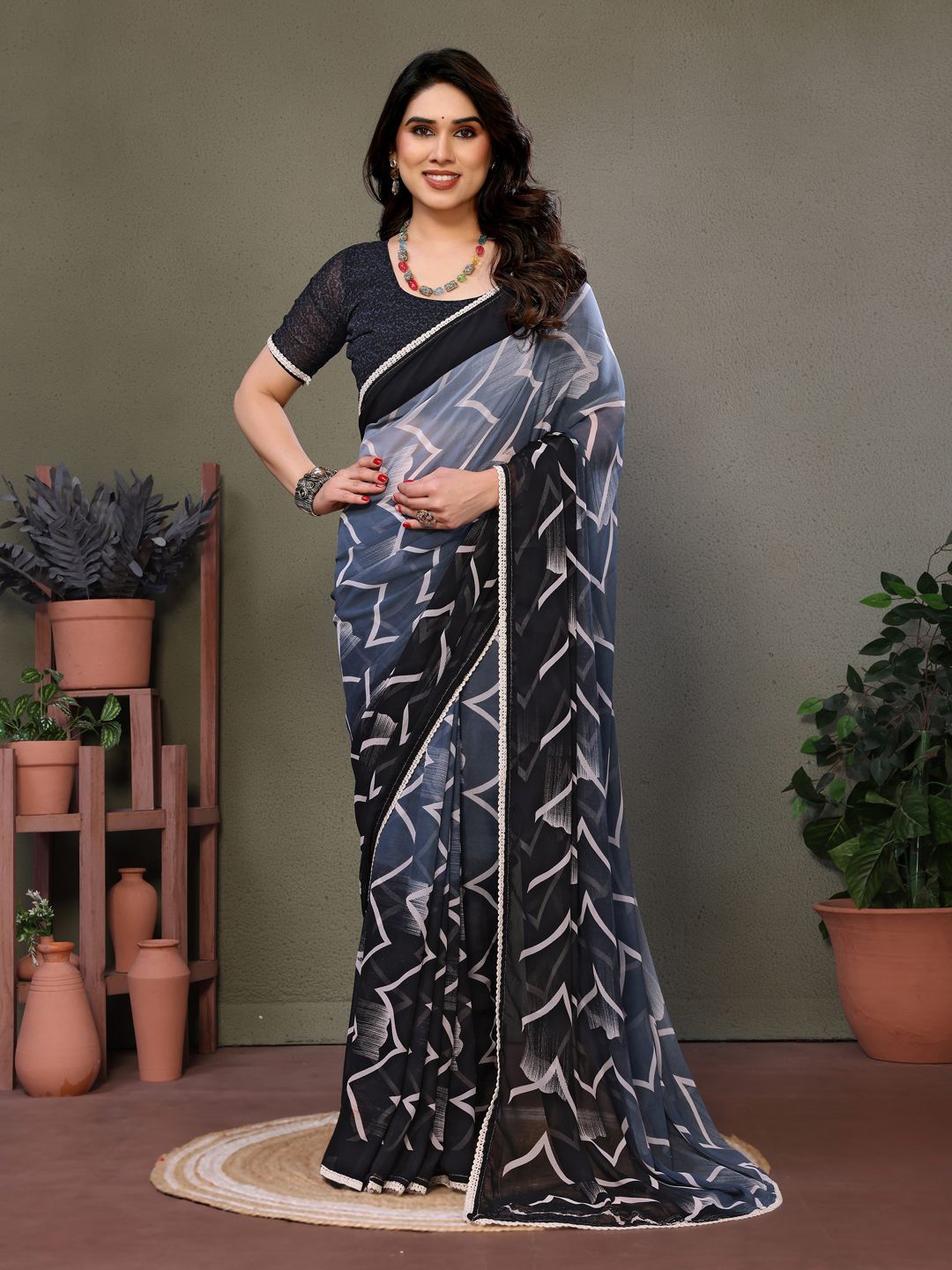 

WINKLECART Embroidered Pure Georgette Block Print Saree, Grey