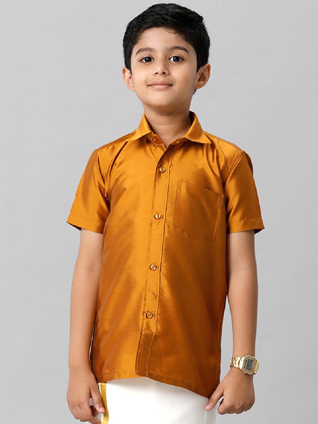 

Ramraj Boys Solid Short Sleeve Shirt With Chest Pocket, Mustard