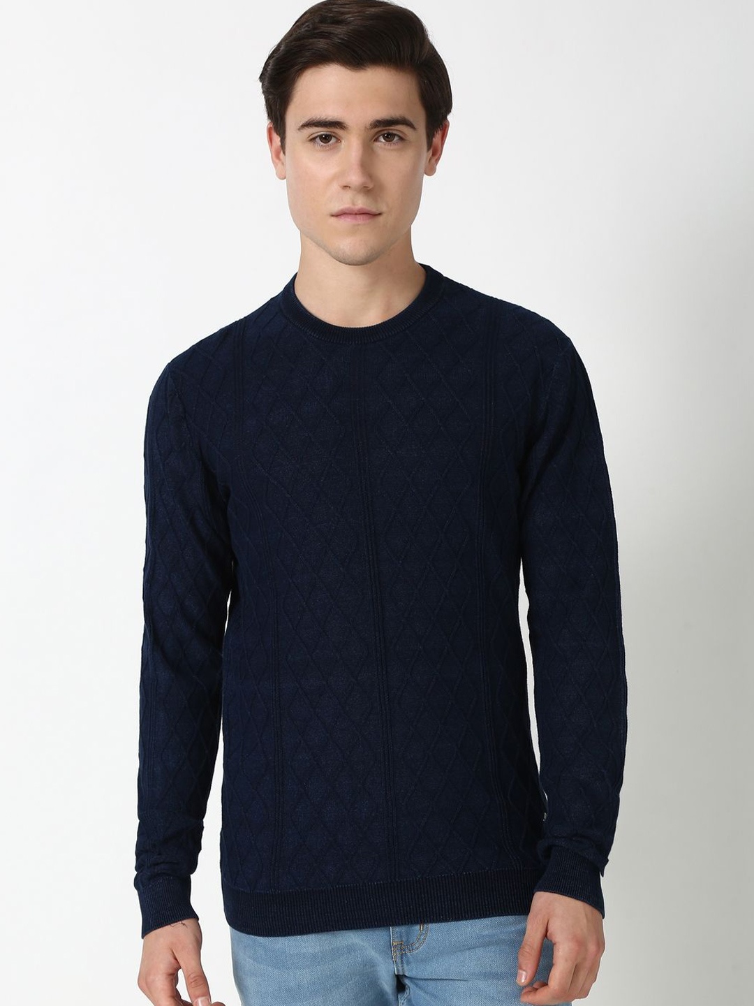 

Peter England Casuals Men Cotton Self Design Pullover, Navy blue