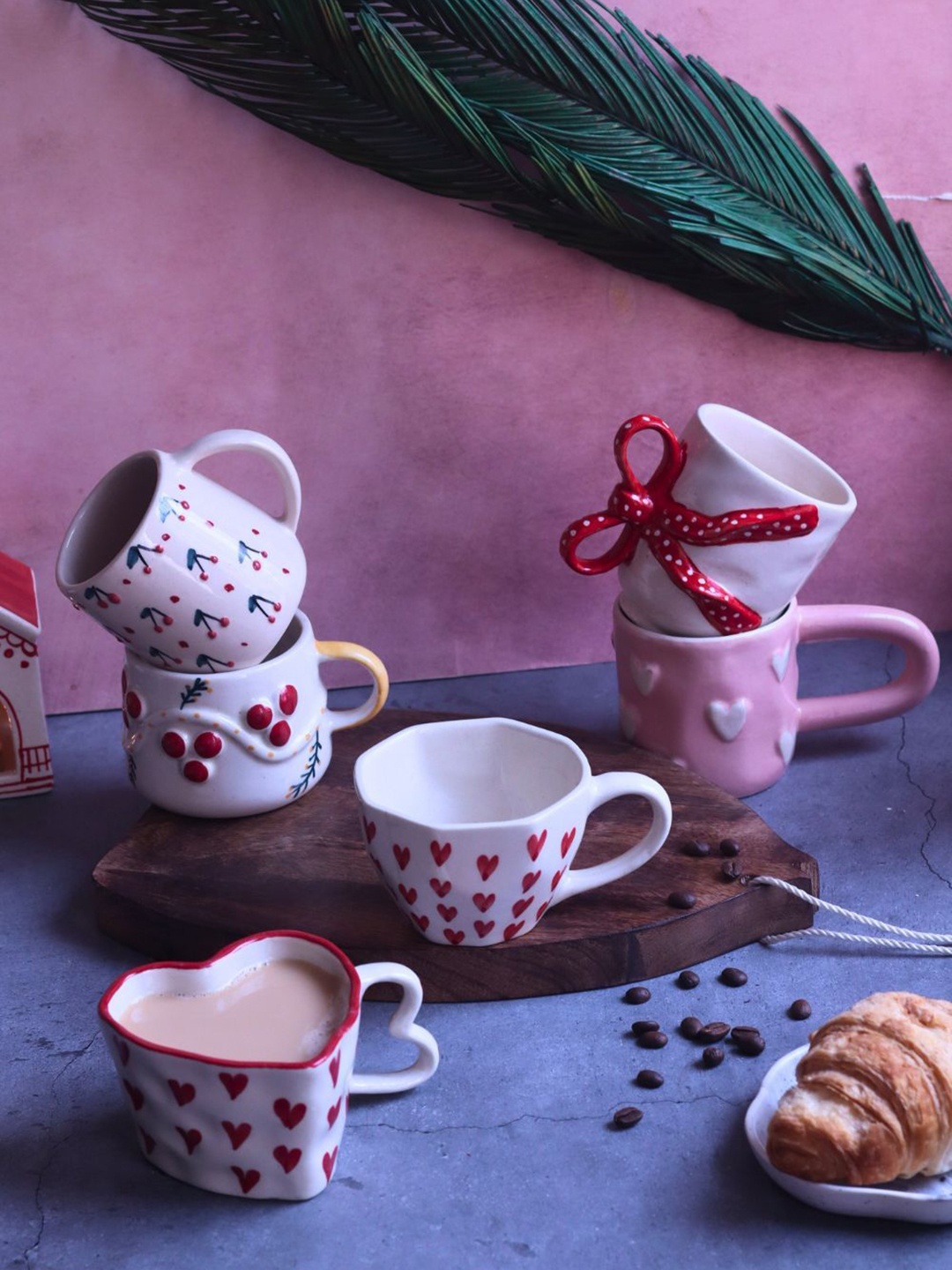 

WEAVING HOMES Everyday Cheer Red & White 6 Pcs Floral Printed Ceramic Glossy Mugs 260ml
