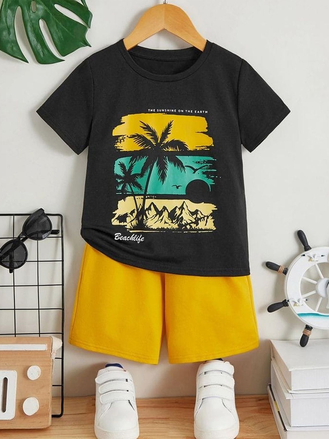 

BILLYBALL Kids Printed Round Neck Pure Cotton T-Shirt With Shorts, Black