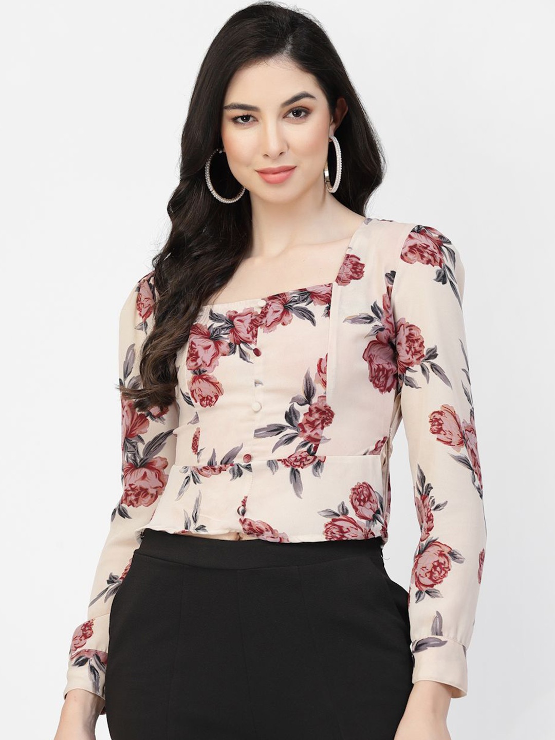 

DELIS Floral Print Georgette Crop Top, Beige