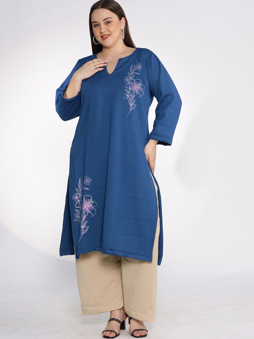 

LetsDressUp Floral printed Notch Neck A-Line Kurta, Blue