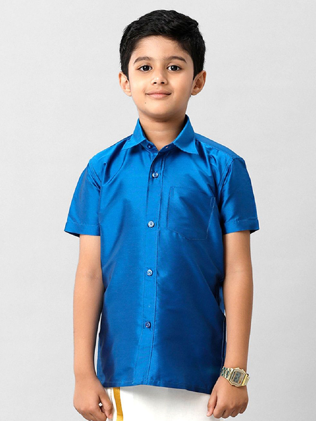 

Ramraj Boys Solid Short Sleeve Shirt With Chest Pocket, Blue