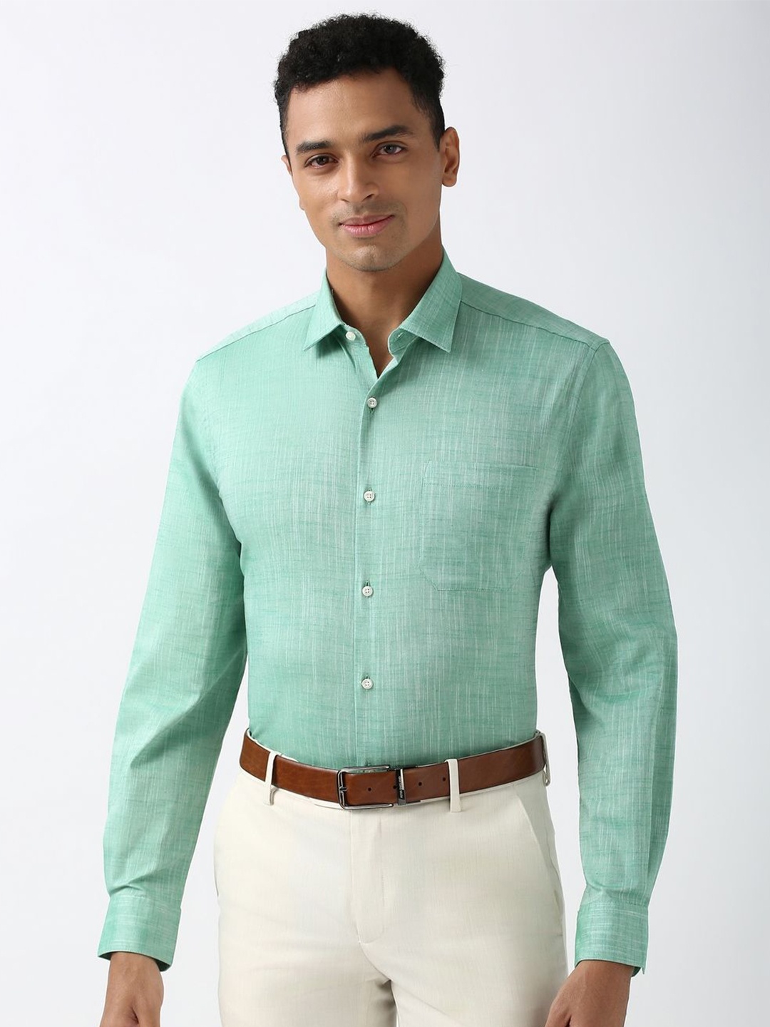 

Peter England Men Slim Fit Spread Collar Textured Cotton Formal Shirt, Sea green