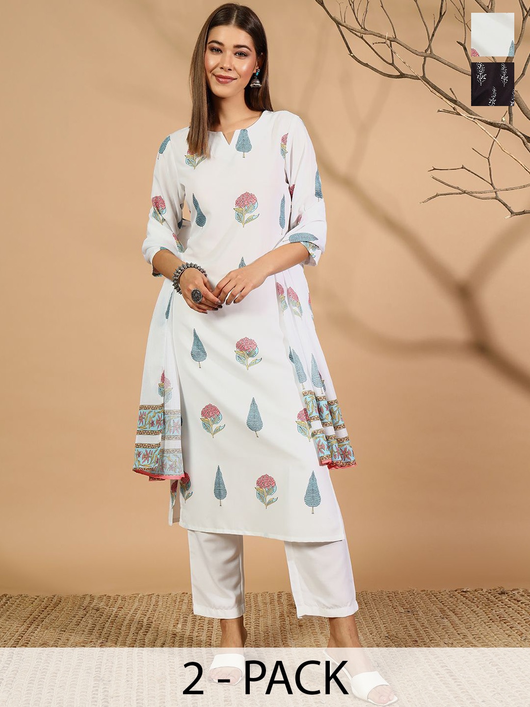 

Anouk Rustic Selection of 2 Floral Printed Straight Kurta With Trousers And Dupatta, White