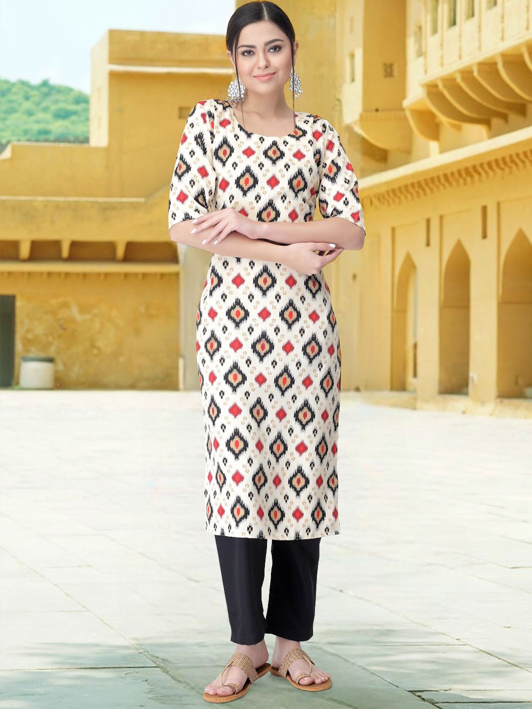 

7Threads Geometric Printed Round Neck Straight Kurta With Trousers, White