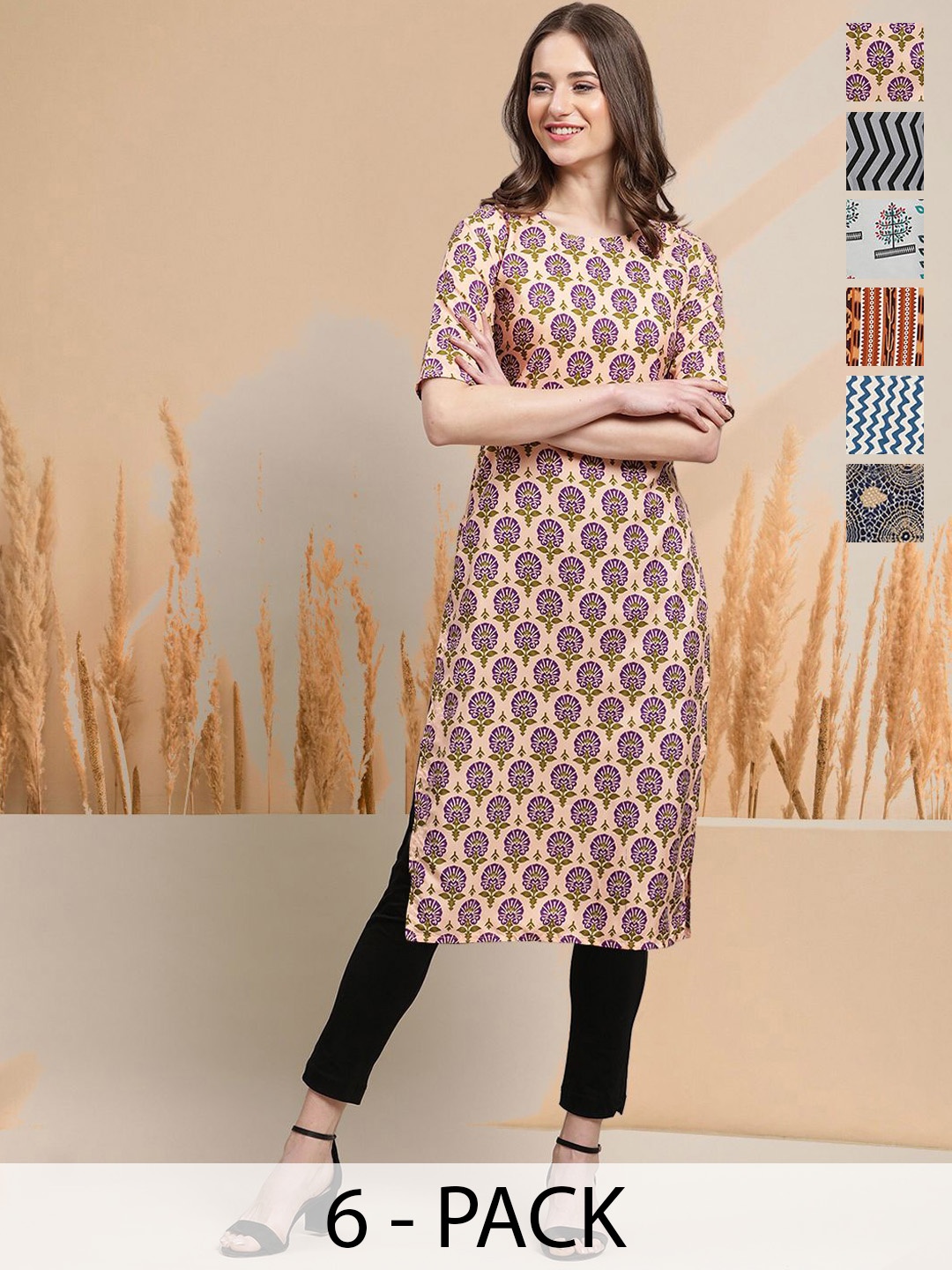 

7Threads Selection Of 6 Floral Printed Round Neck Straight Kurtas, Peach