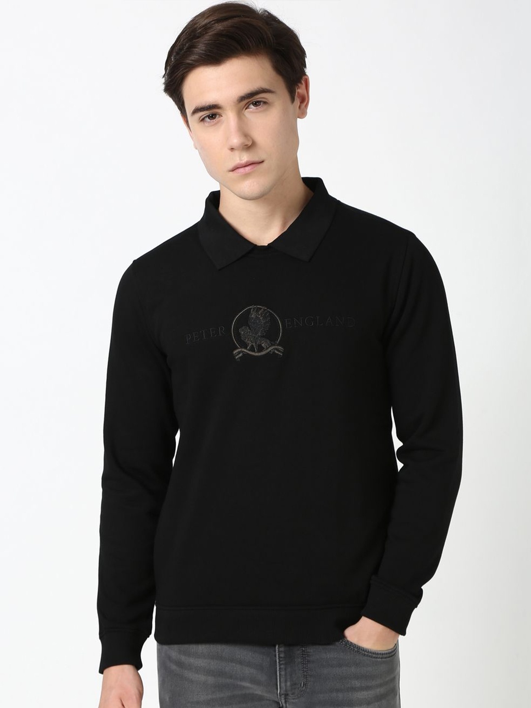 

Peter England Casuals Men Shirt Collar Cotton Sweatshirt, Black