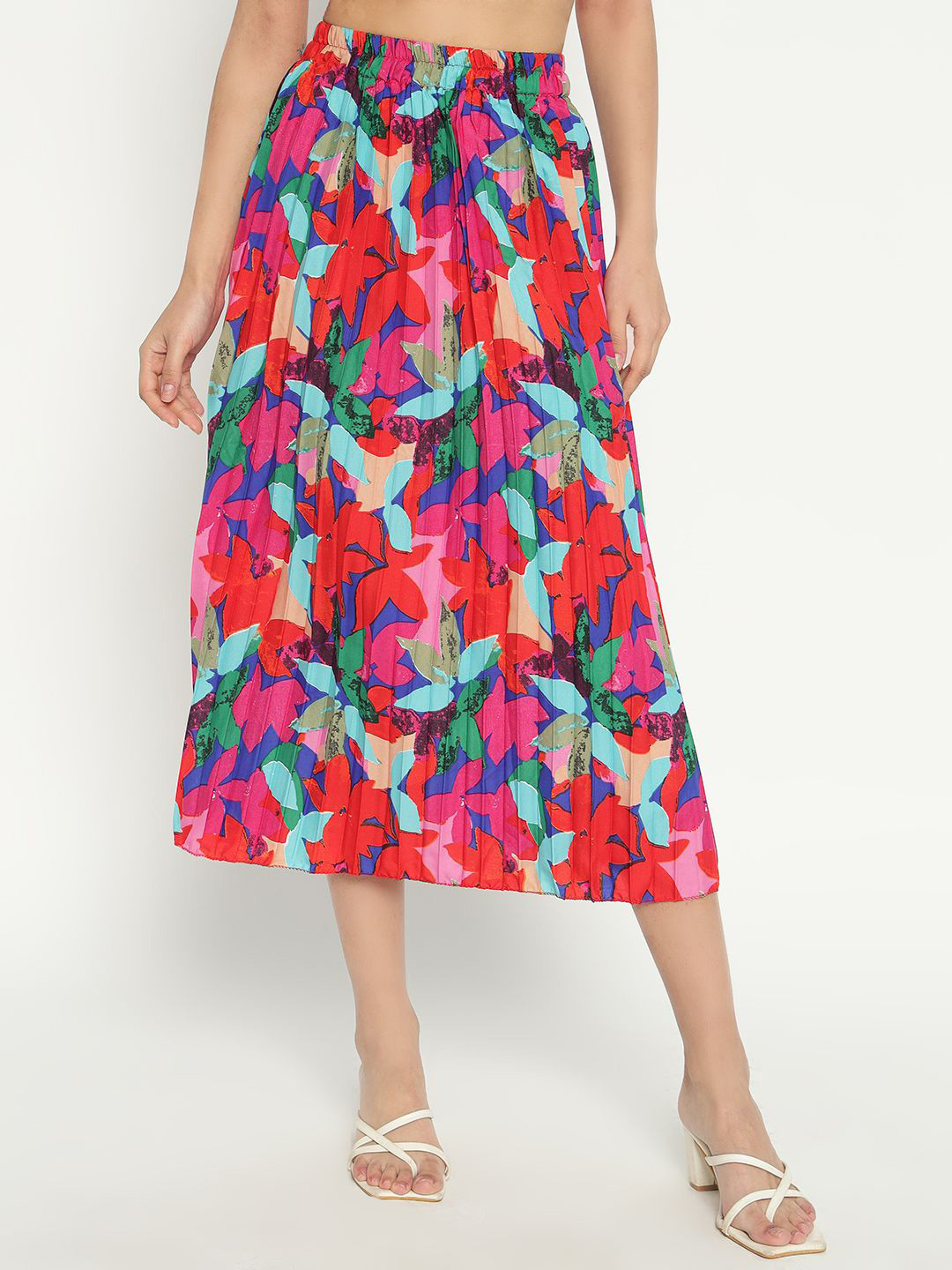 

Raiyani Enterprise Women Floral Printed Accordion Pleats Midi A-Line Skirt, Red