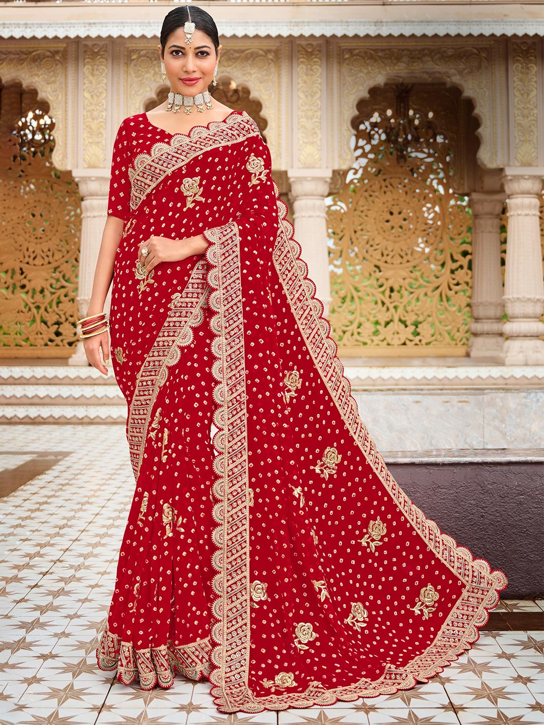 

Laxmipati Bandhani Printed Floral Embroidered Saree, Red