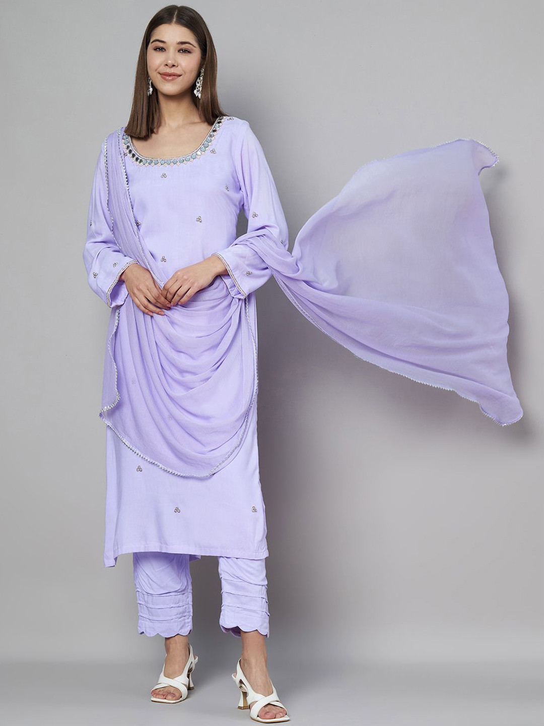 

Moda Rapido Round Neck Beads & Stones Straight Kurta With Trousers & Dupatta, Lavender