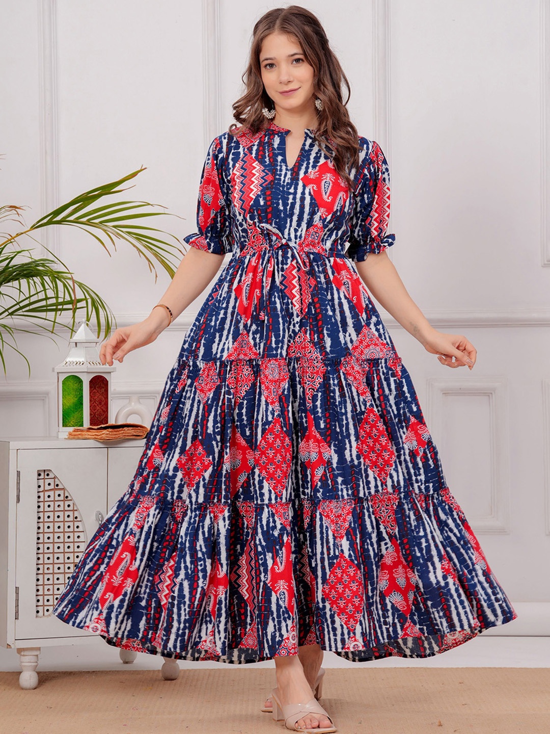 

MF ERA Women Ethnic Motifs Printed Mandarin Collar Pure Cotton Midi Dress, Red