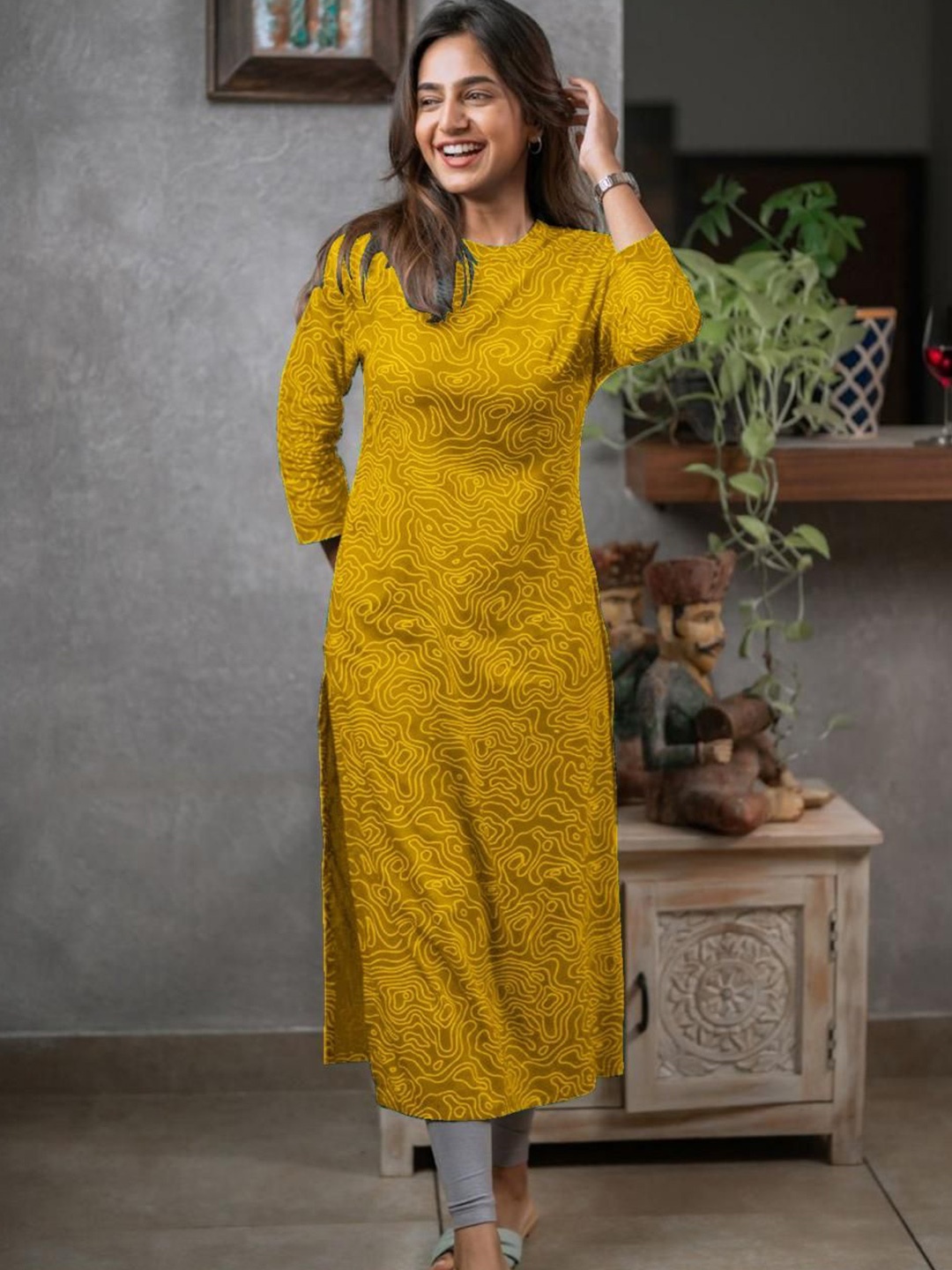 

BINDUDI Women Printed Mandarin Collar Kurta, Yellow