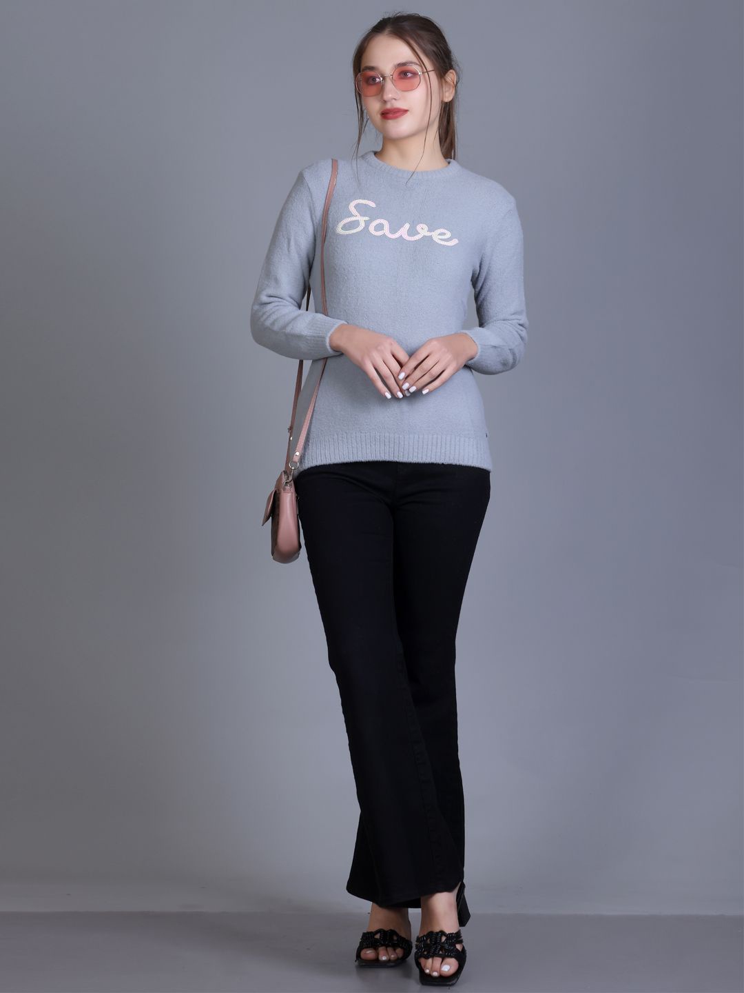 

Numalo Women Typography Woollen Pullover Sweater, Grey