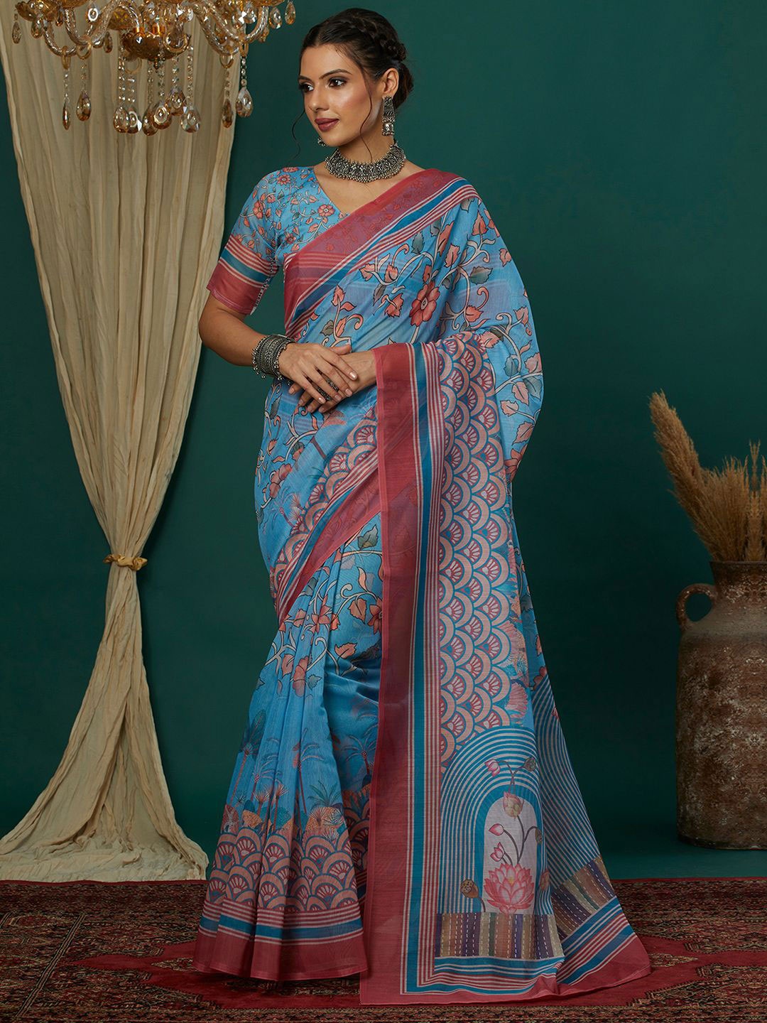 

KALINI Floral Printed Saree, Blue