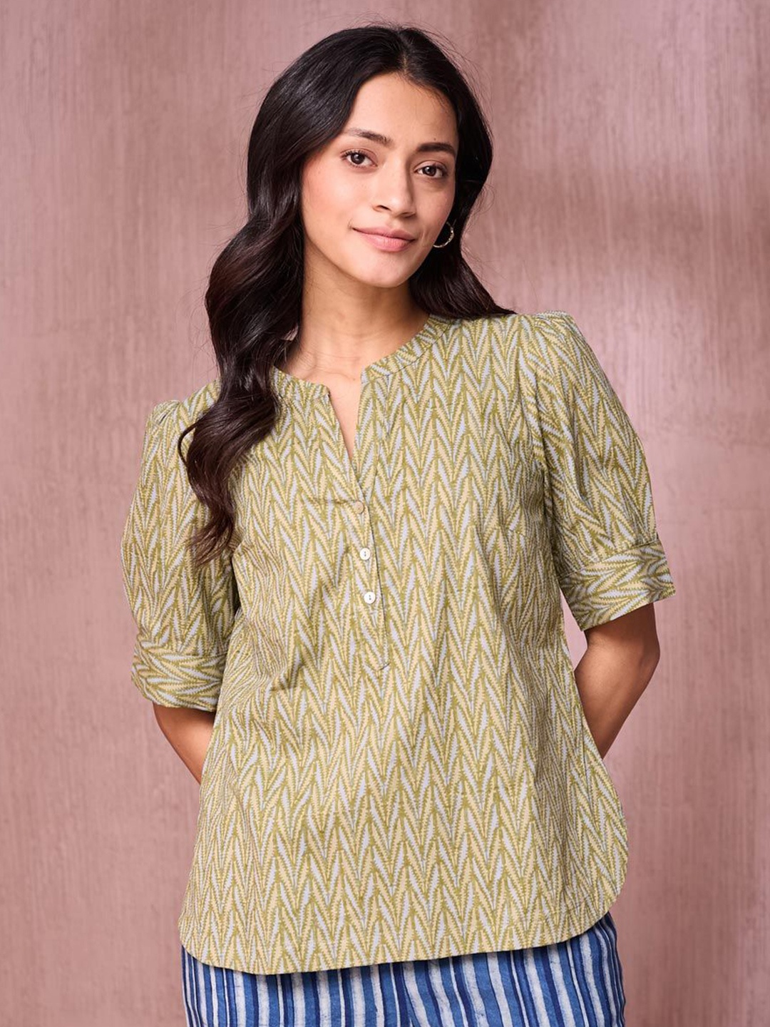 

Fabindia Printed Mandarin Collar Cotton Top, Green