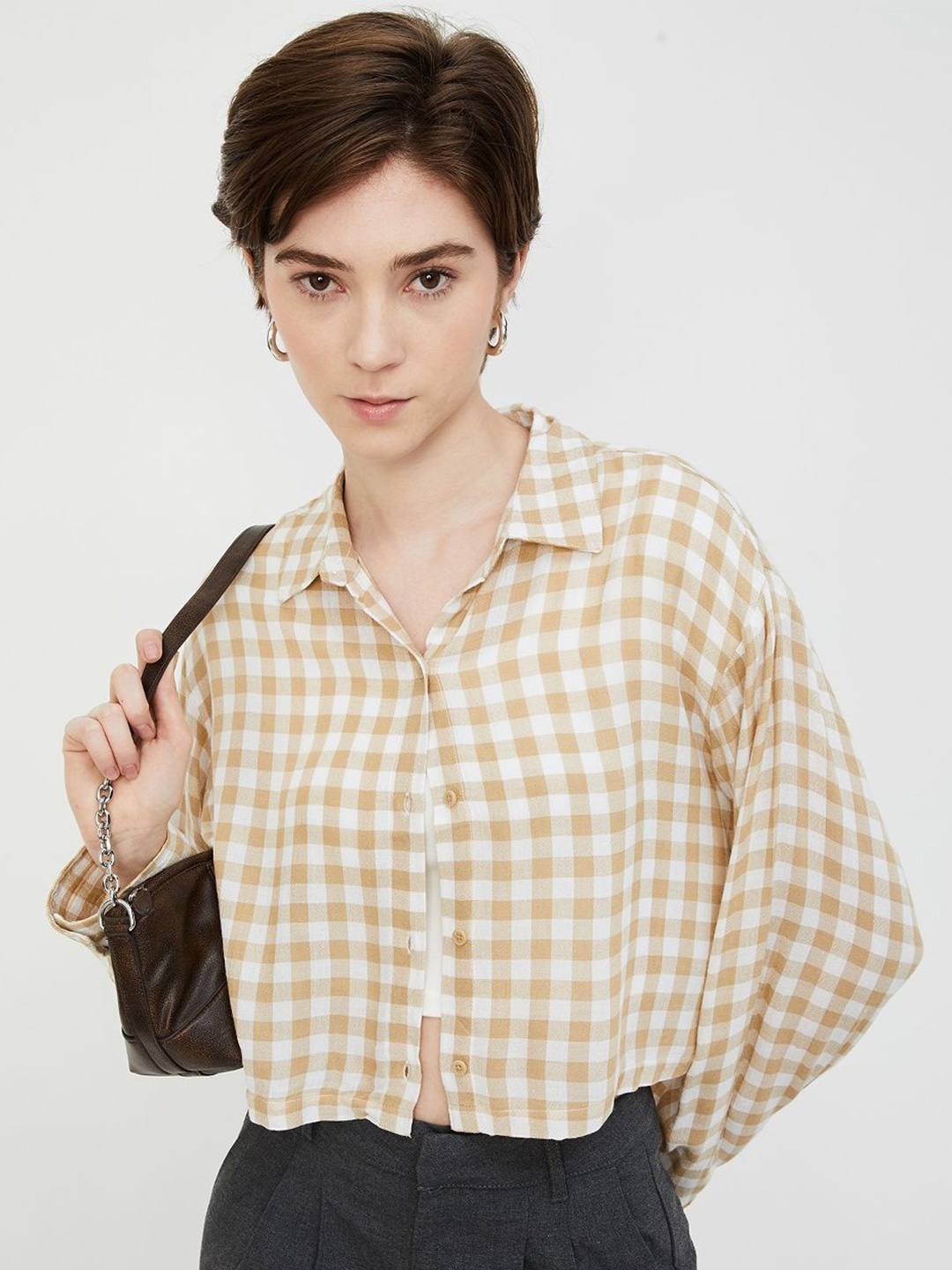 

max Women Spread Collar Gingham Checked Casual Shirt, Beige