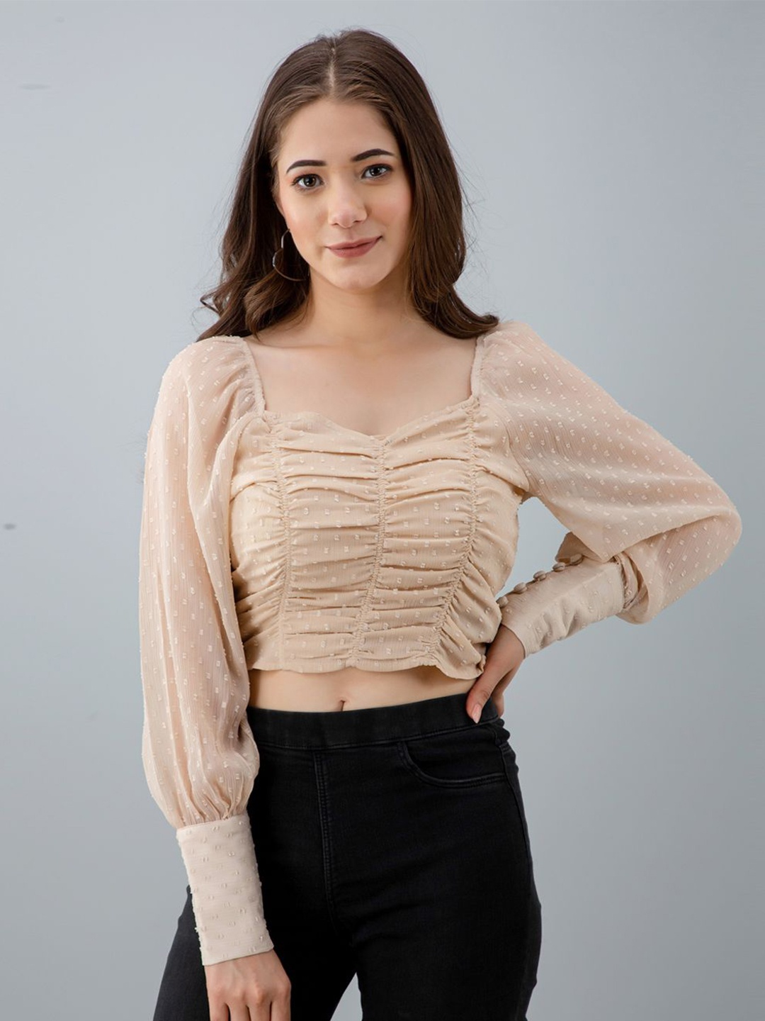

DressBerry Women Sweetheart Neck Chiffon Top, Beige