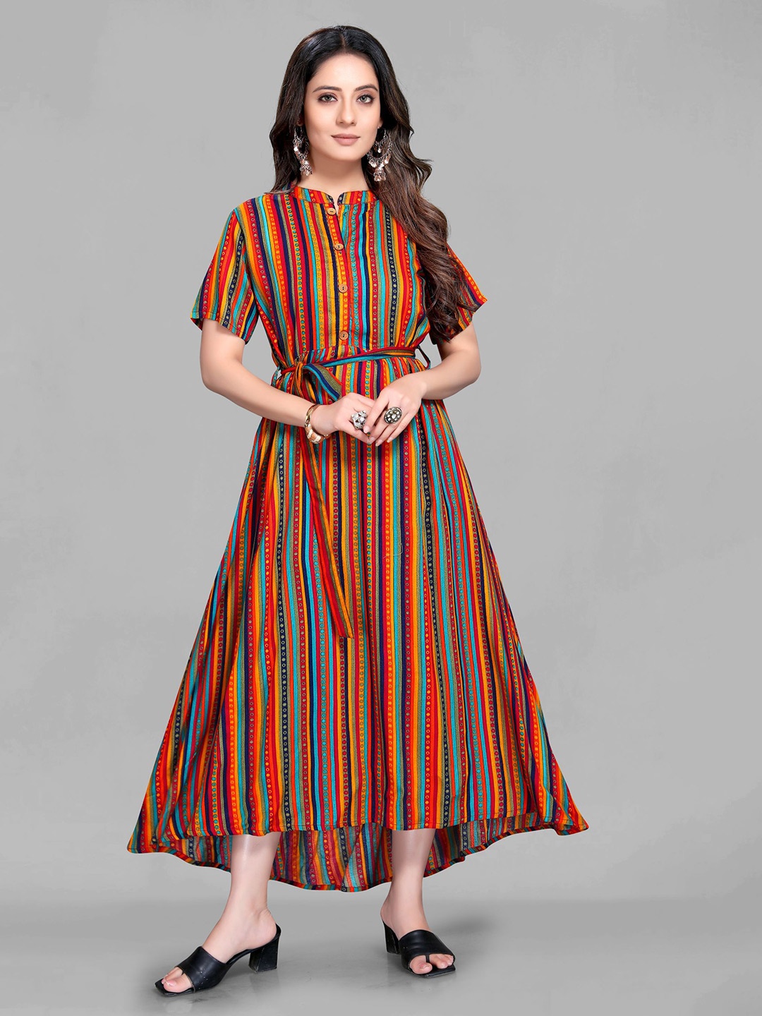 

Krimmple Women Striped Fit and Flare Ethnic Dresses, Navy blue