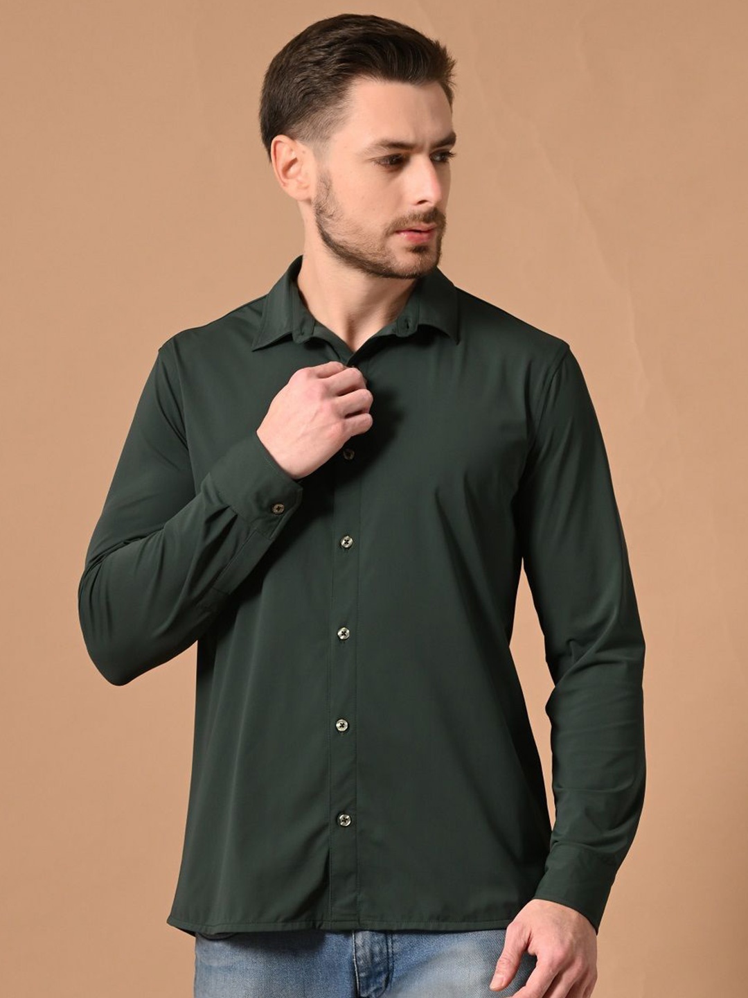 

PANDORNA Men Spread Collar Solid Casual Shirt, Olive