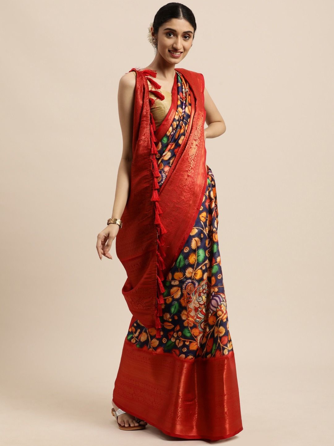 

ZIBLON Kalamkari Printed Zari Kanjeevaram Saree, Blue