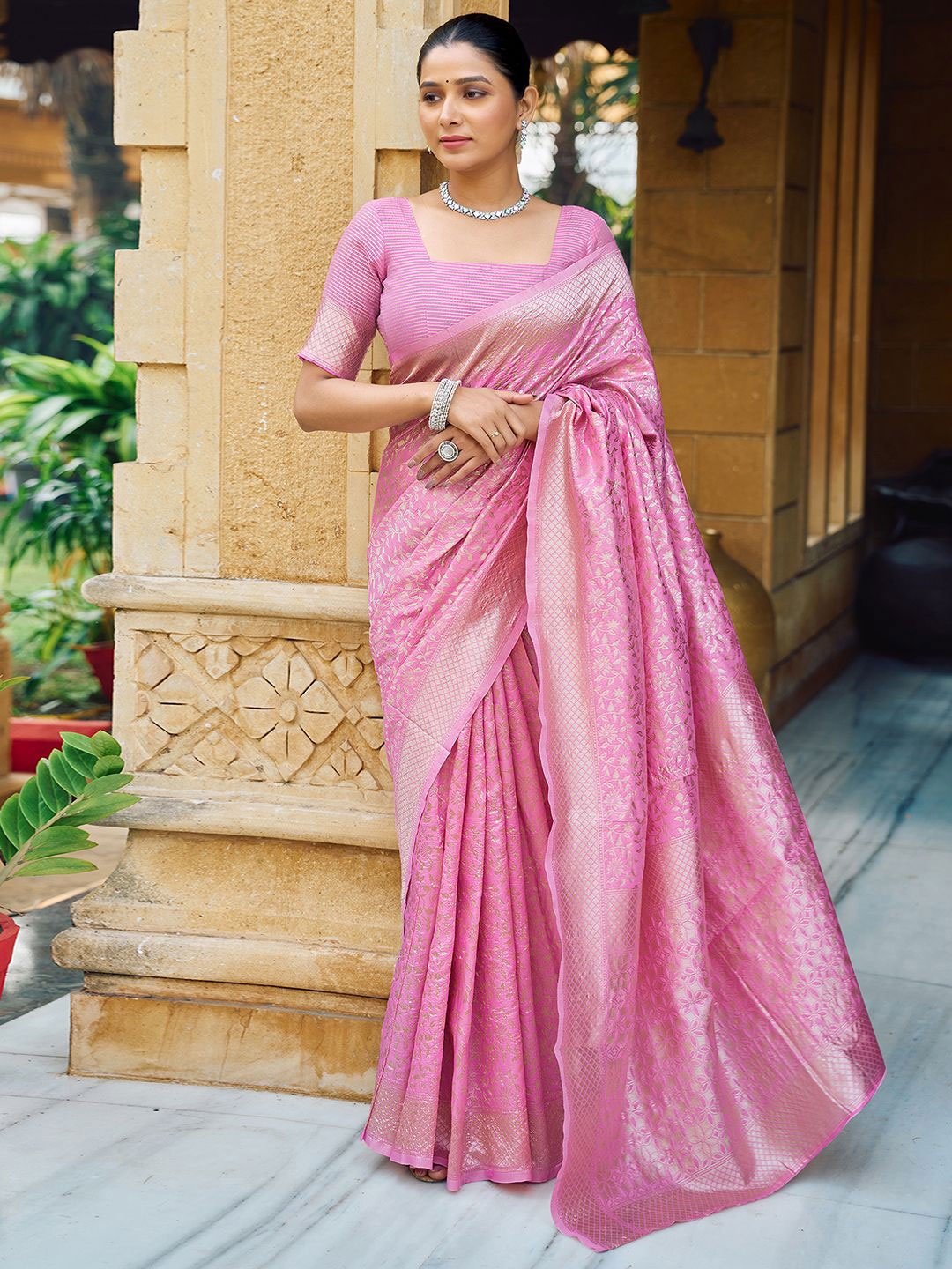 

KALINI Woven Design Zari Saree, Pink