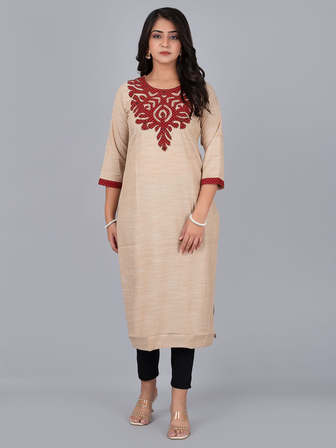 

TRIVEDI Women Printed Pure Cotton Straight Kurta, Beige