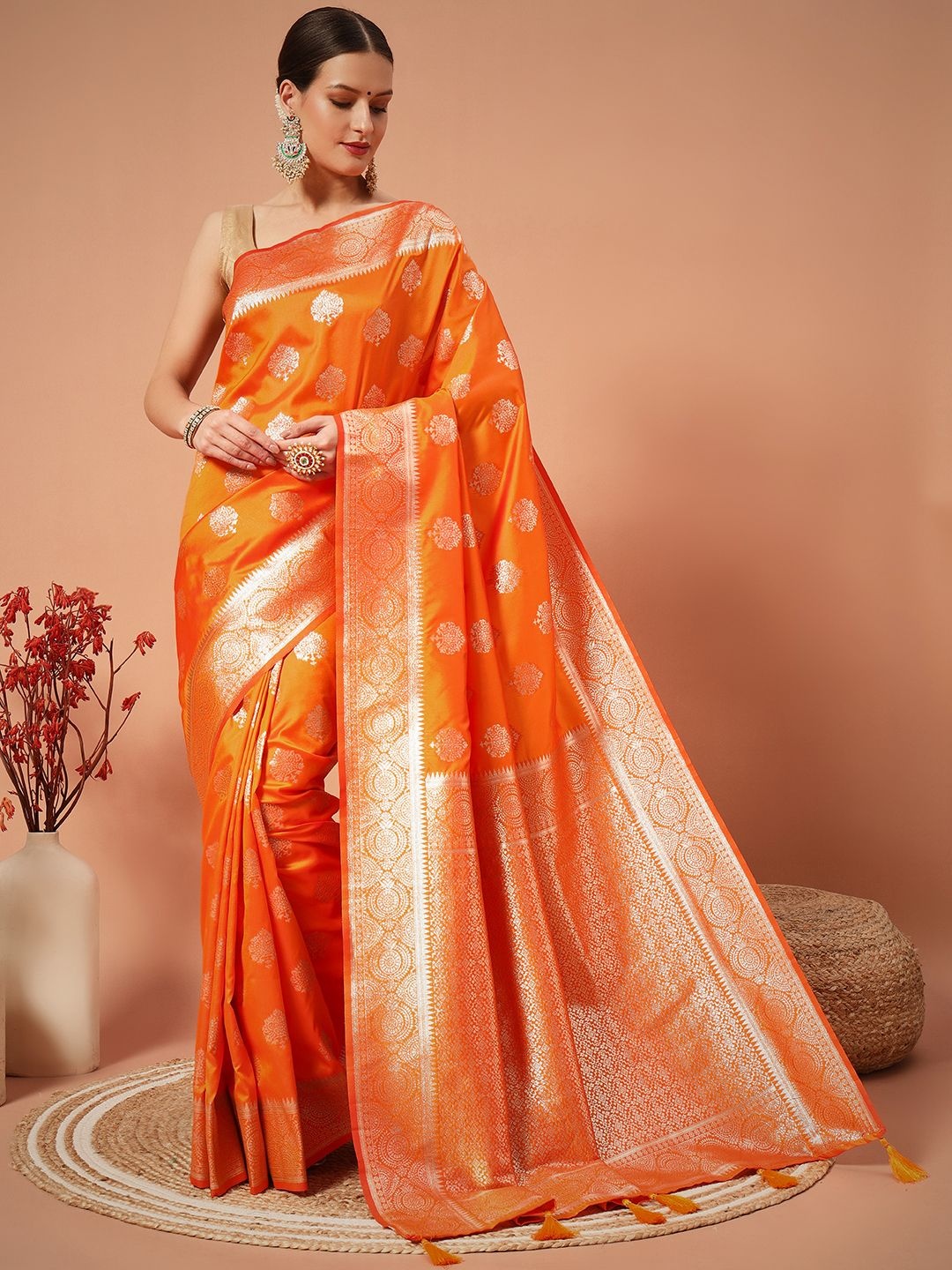 

SWAMI STUDIO Ethnic Motifs Zari Pure Silk Banarasi Saree, Orange