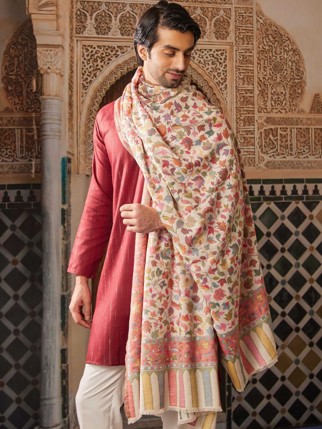 

Pashmoda Floral Kaani Woven Design Shawl, White