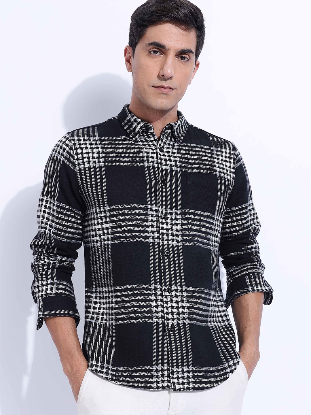 

HERE&NOW Men Slim Fit Button-Down Collar Checked Cotton Casual Shirt, Black