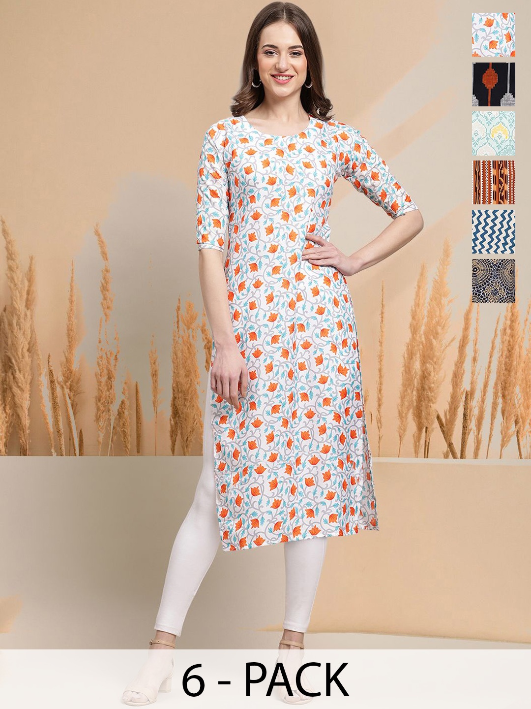 

7Threads Selection Of 6 Floral Printed Round Neck Straight Kurtas, Pink