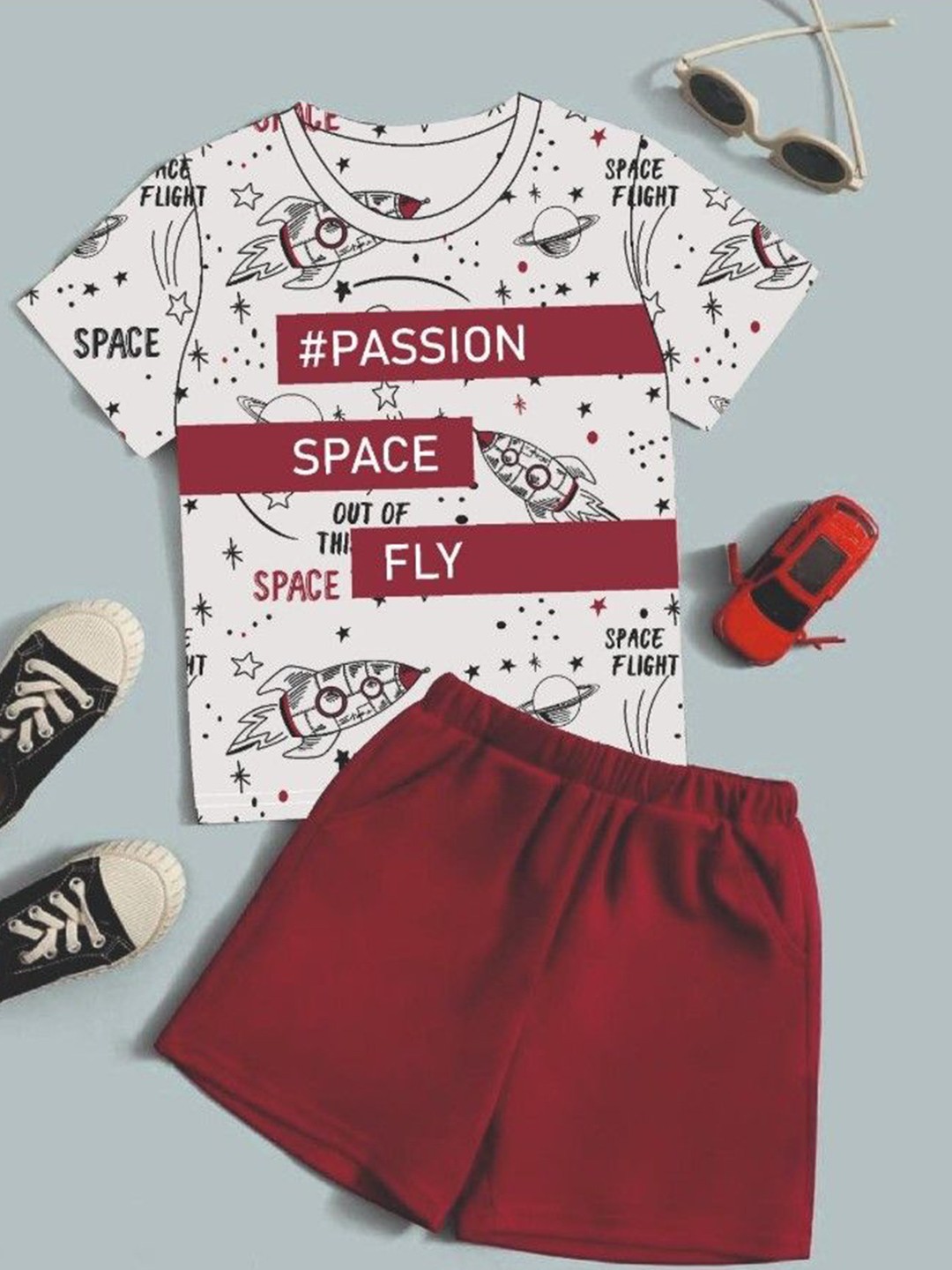 

BILLYBALL Kids Printed Round Neck Pure Cotton T-Shirt With Shorts, Maroon
