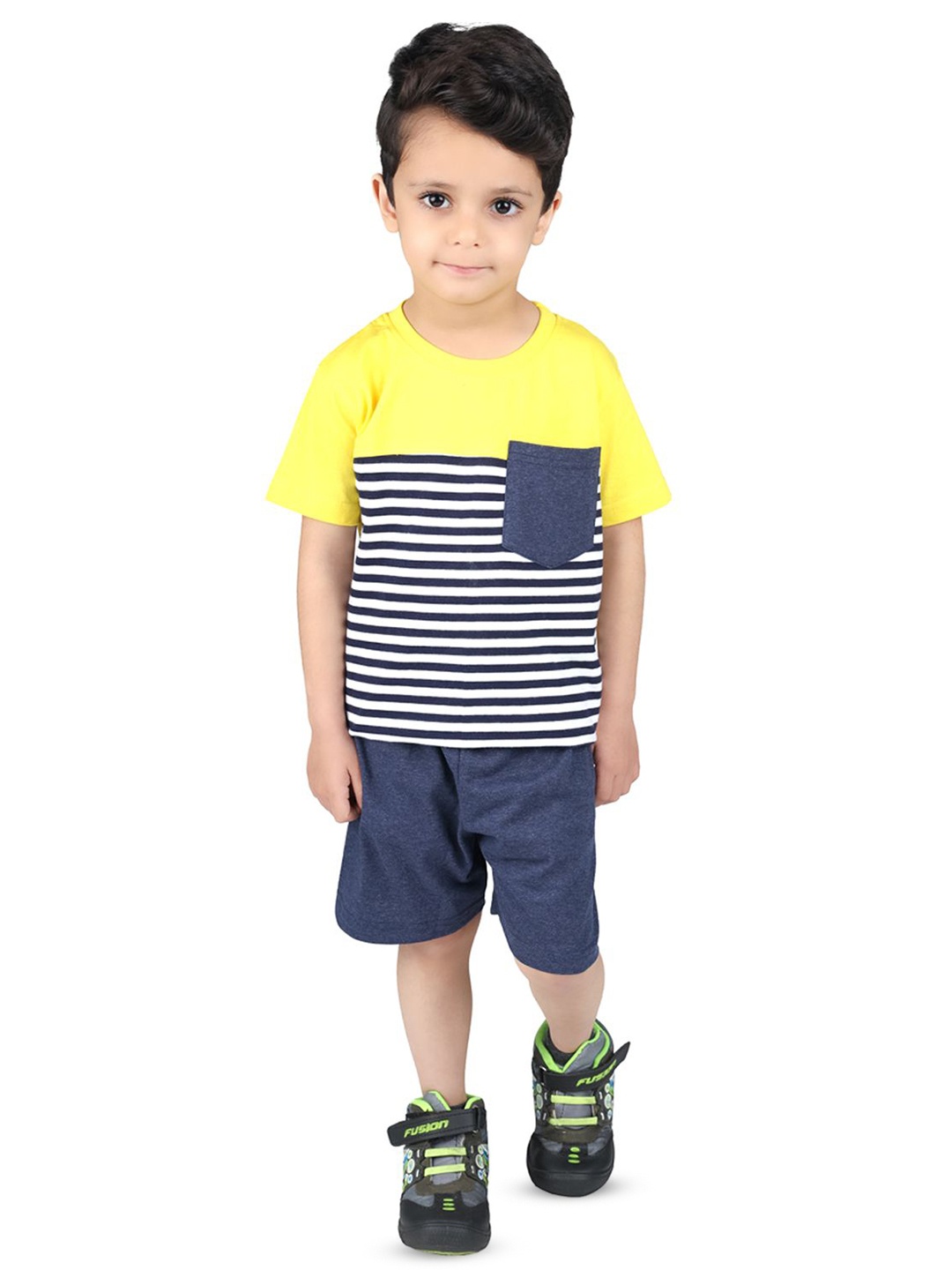 

BILLYBALL Kids Striped Round Neck Pure Cotton T-Shirt With Shorts, Yellow