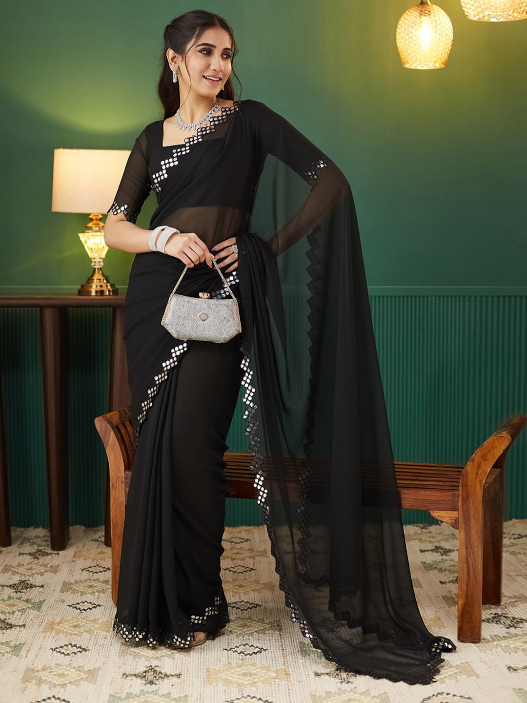 

KALINI Mirror Work Embellished Pure Georgette Saree, Black