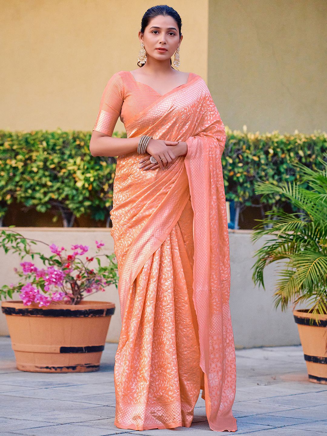 

KALINI Woven Design Zari Saree, Orange