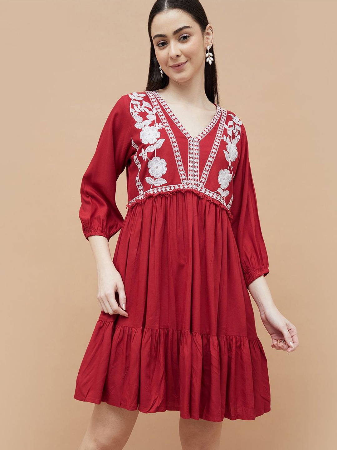 

Colour Me by Melange Embroidered Puff Sleeve Fit and Flare Dress, Red