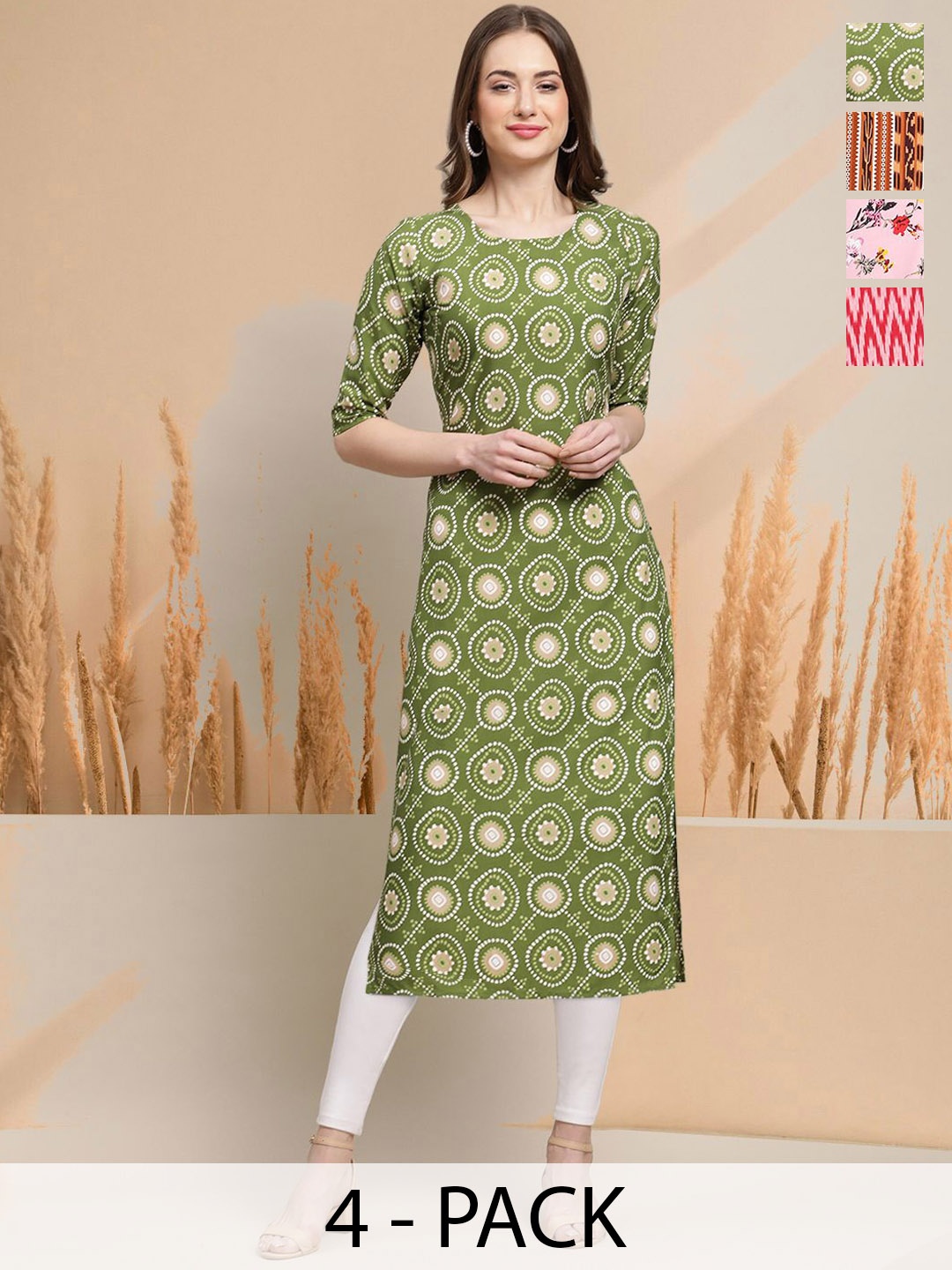 

7Threads Selection Of 4 Ethnic Motifs Printed Round Neck Straight Kurtas, Green