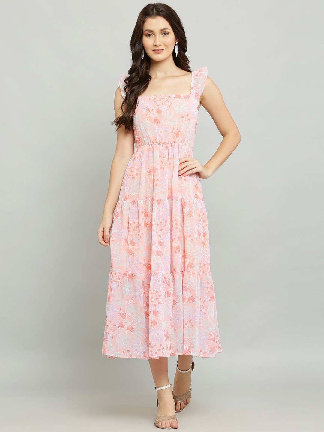 

SHAHVEER CREATION Women Floral Print Georgette Fit & Flare Midi Dress, Peach
