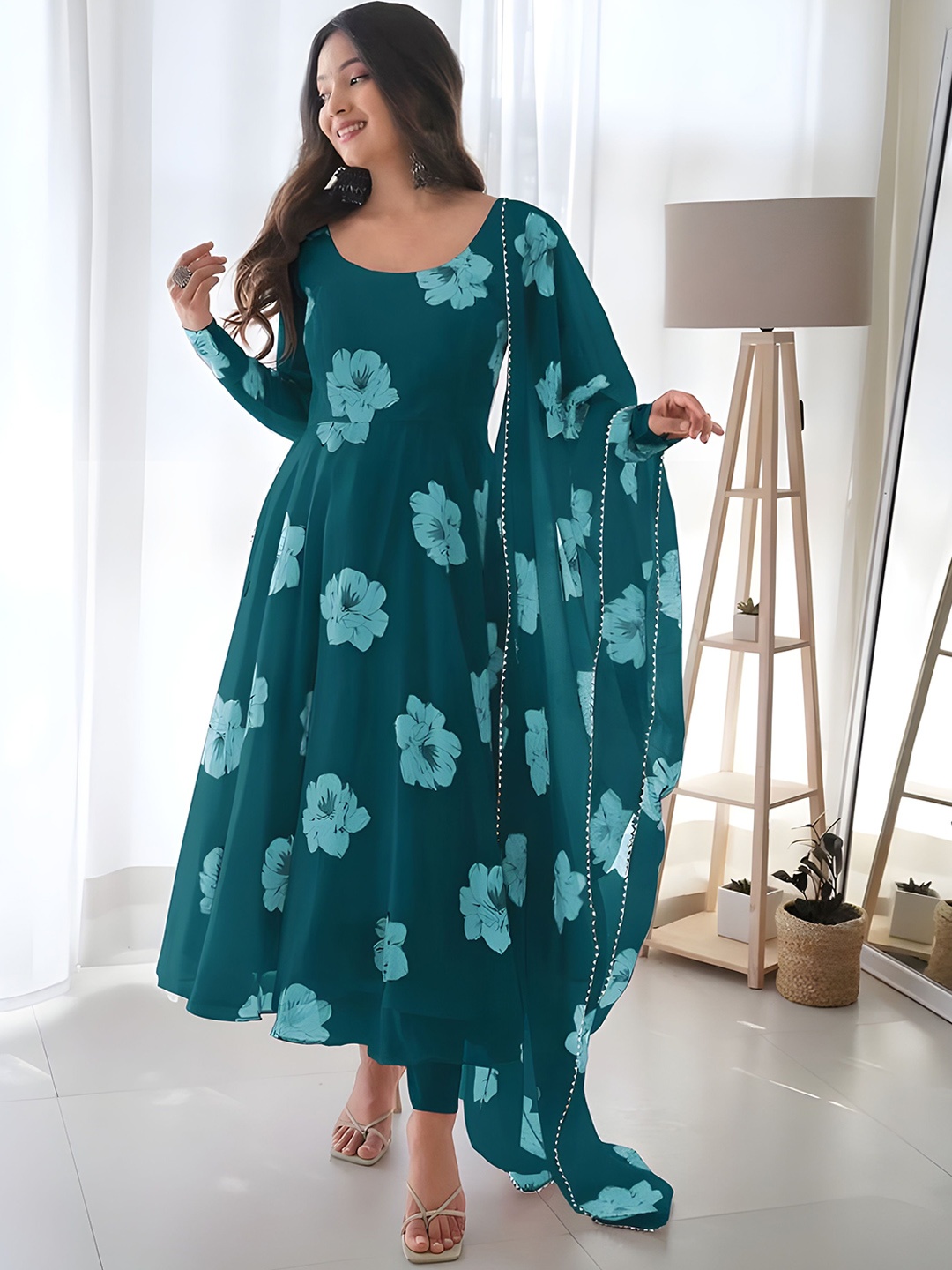 

KHODALCREATIN Floral Printed Anarkali Empire Kurta with Trousers And Dupatta, Blue