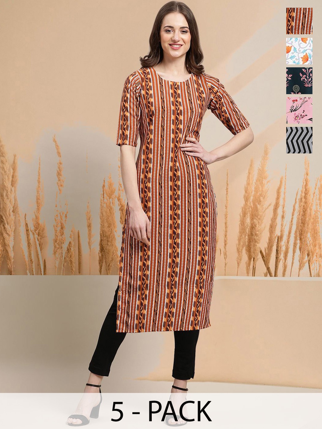 

7Threads Selection Of 5 Geometric Printed Round Neck Kurtas, Brown