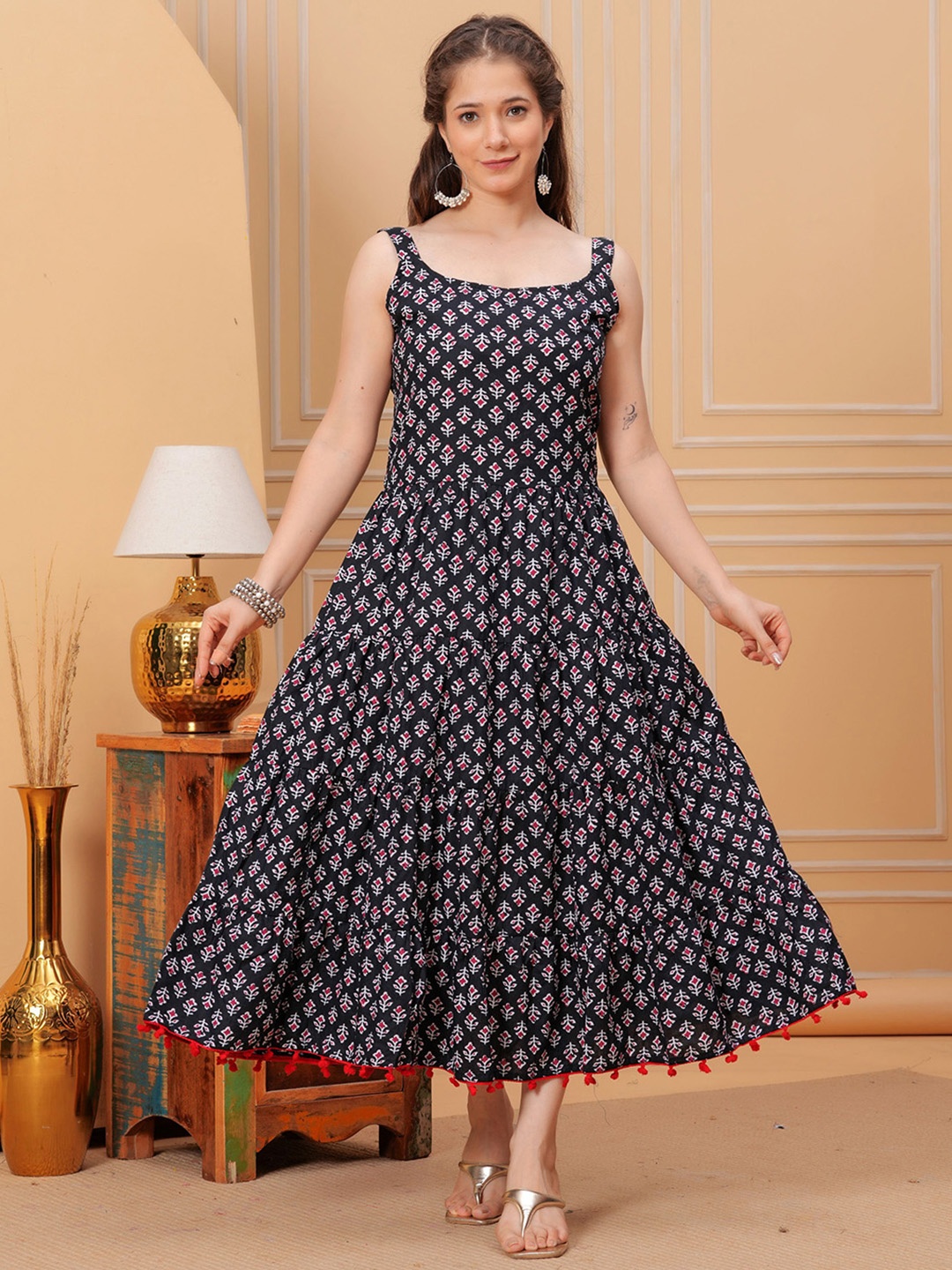 

MF ERA Women Floral Printed Shoulder Straps A-Line Midi Pure Cotton Ethnic Dress, Black