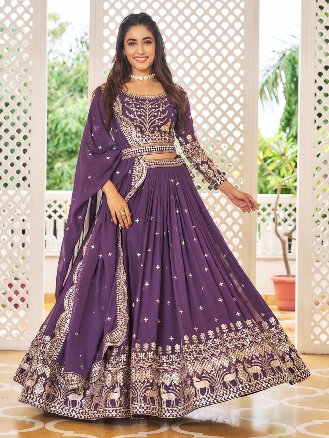 

KALINI Embroidered Sequinned Ready to Wear Lehenga & Blouse With Dupatta, Purple