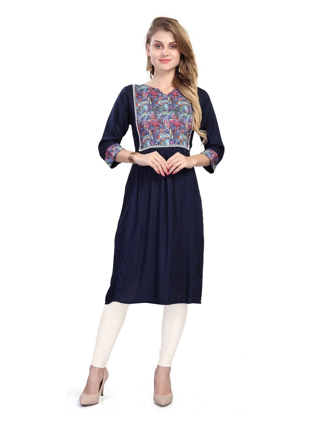 

Krimmple Women Printed V-Neck Kurta, Navy blue