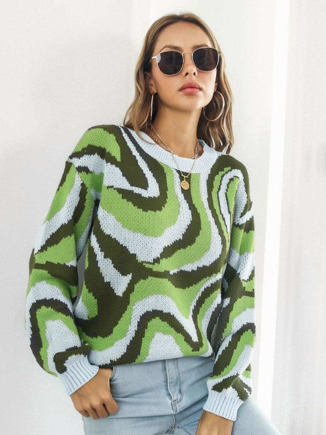 

Oh Rare Women Self Design Pullover, Green