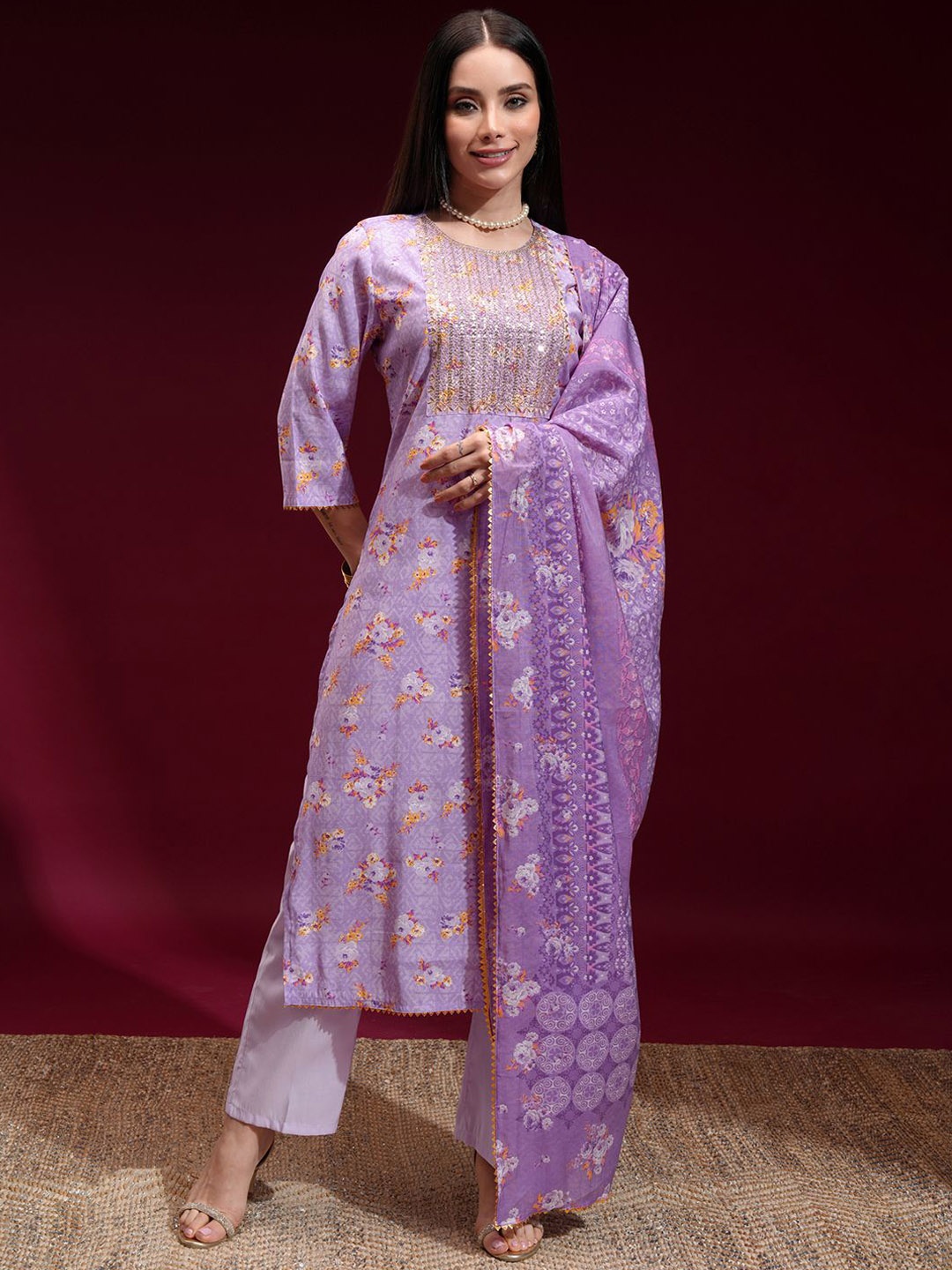 

Vishudh Women Floral Printed Regular Thread Work Kurta with Trousers & With Dupatta, Lavender