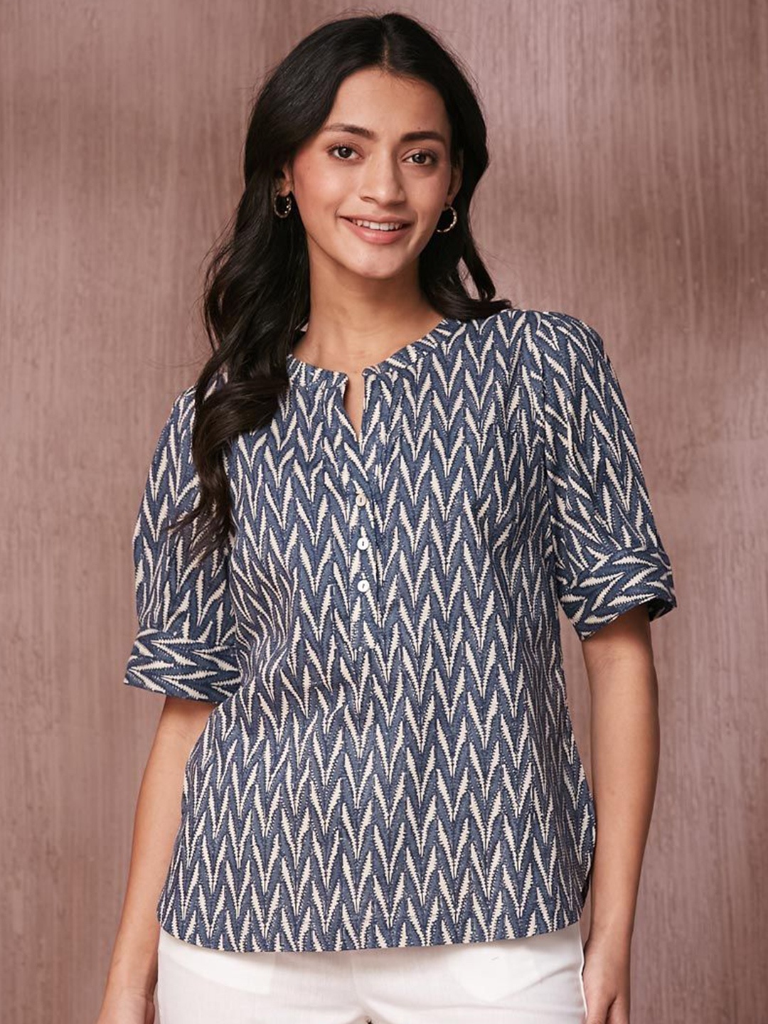 

Fabindia Fashion Women Printed Mandarin Collar Cotton Top, Blue