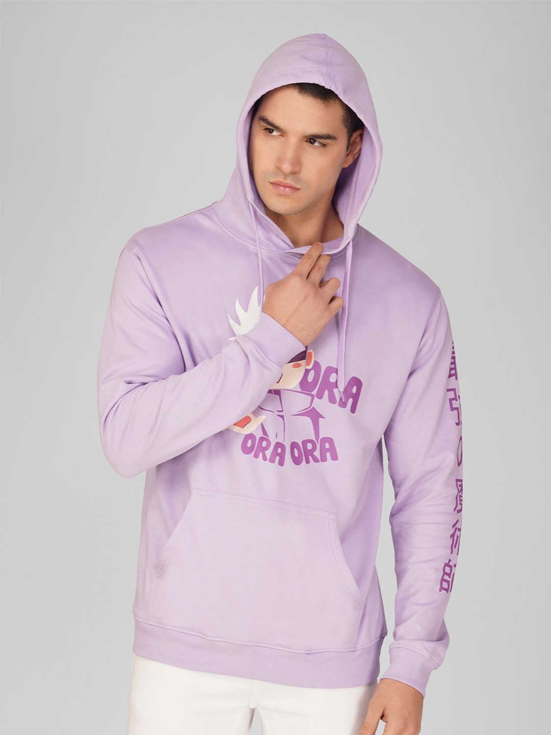 

Crazymonk Men Printed Anime Ora Ora Gojo Satoru Hooded Sweatshirt, Lavender